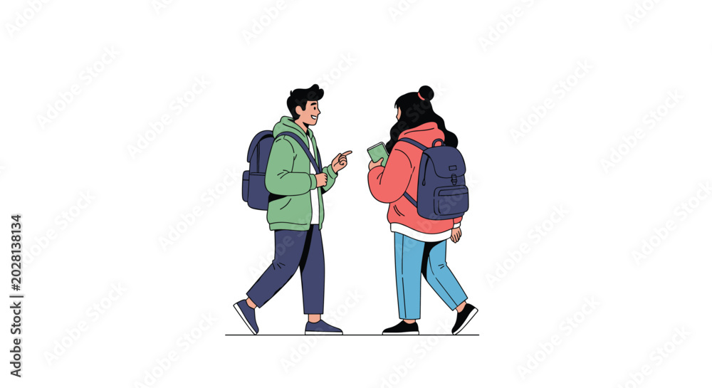 Fototapeta premium Two young students with backpacks stand on a white background and engage in a friendly conversation while one holds a green book.