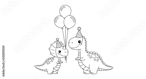 Cute cartoon dinosaurs wearing party hats and holding balloons, black and white outline illustration for kids