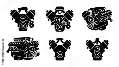 Cuadro en lienzo V8 Engine Icons Set, Automotive Power Unit Vector Graphics, Mechanical V-Twin Mo