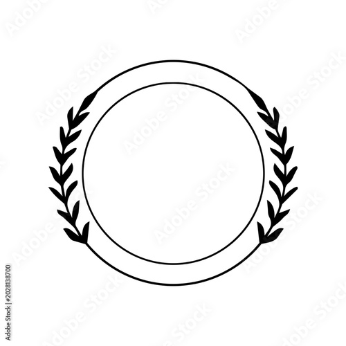 Bold double circle black floral frame with thick symmetrical leaf branches on left and right borders on white. Set of elegant floral frames with minimalist line art leaves.