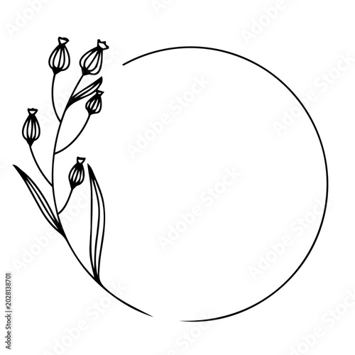 Minimalist black circular floral frame with elegant branch, leaves and buds on white background. Round outline border. Set of elegant floral frames with minimalist line art leaves.