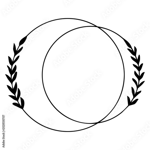 Modern overlapping double circles black floral frame with sleek minimalist leafy branch on the left side on white. Set of elegant floral frames with minimalist line art leaves.