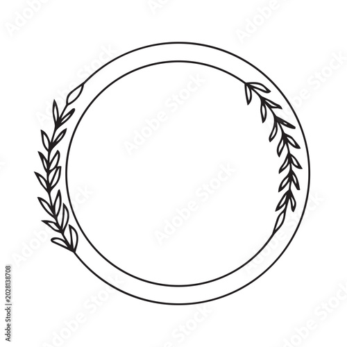 Title: Elegant double circle black floral frame decorated with small minimalist leaves inside the border on white. Set of elegant floral frames with minimalist line art leaves.