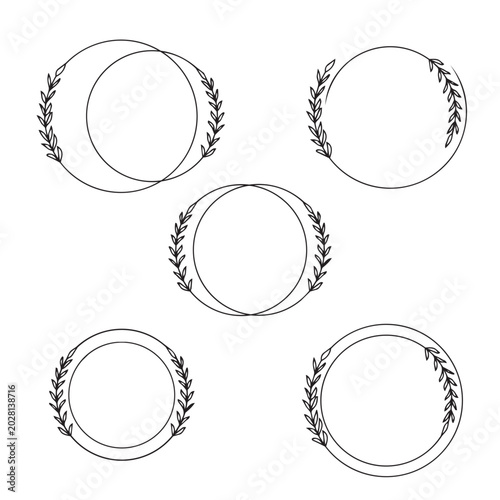 Collection of five black minimalist floral frames with geometric circles, ovals and delicate leaf branches on white. Set of elegant floral frames with minimalist line art leaves.
