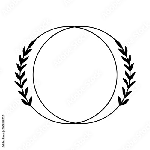 Trendy intersecting twin circles black floral frame with stylized symmetrical leaf branches on the outer borders. Set of elegant floral frames with minimalist line art leaves.