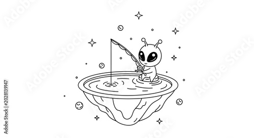 Cute alien fishing on a floating island, cartoon illustration, outer space, stars, simple line art, funny concept