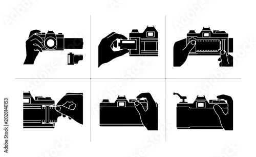 Canvas-taulu Vintage Camera Loading Film Icons, Retro Photography Manual Steps, Analog Device