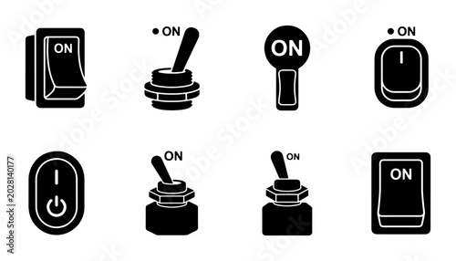Obraz na płótnie Set of 8 Black ON Toggle and Rocker Switches, Vector Icons for Power Control
