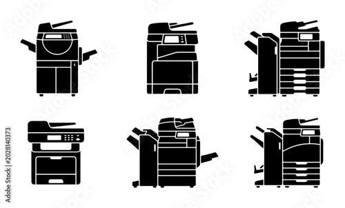 Foto Office Copier Icons, Multifunction Printer Silhouettes, Digital Document Machine
