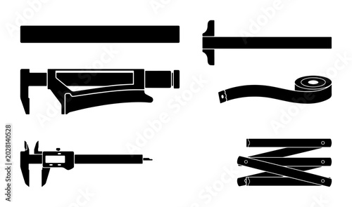 Schilderij op canvas Measuring Tools Collection: Calipers, Tape Measure, Ruler, Folding Rule Icons