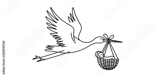 Konstfotografi Stork bird flying and carrying a newborn baby in a basket drawing