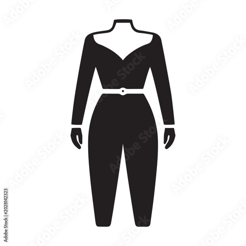 Black long sleeve jumpsuit with belt isolated on white background