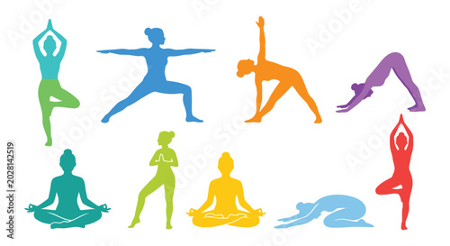 yoga poses silhouettes colorful collection on white background
