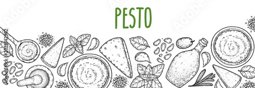 Tableau sur toile Hand drawn pesto sauce frame vector in engraving sketch style