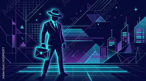 A mysterious figure in a futuristic suit and hat walks through a neon-lit cityscape at night with briefcase.