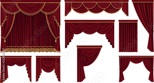 Canvastavla Luxury Red Velvet Theater Stage Curtains Vector Set with Golden Fringe Valances