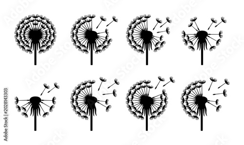 Tableau sur toile Dandelion Seed Dispersal Sequence, Black and White Vector Icons, Nature's Cycle