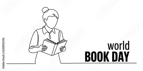 Photos Woman reading a book for world book day continuous line drawing