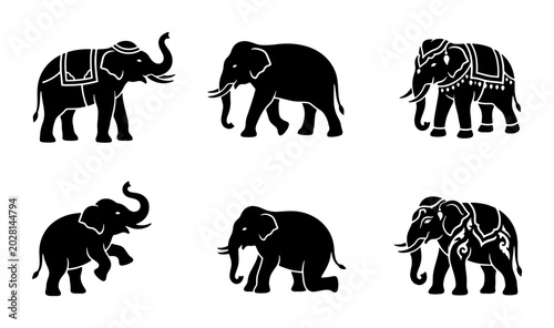 Tableau sur toile Elephant Silhouettes Collection, Indian Elephants, Majestic Animals, Vector Icon