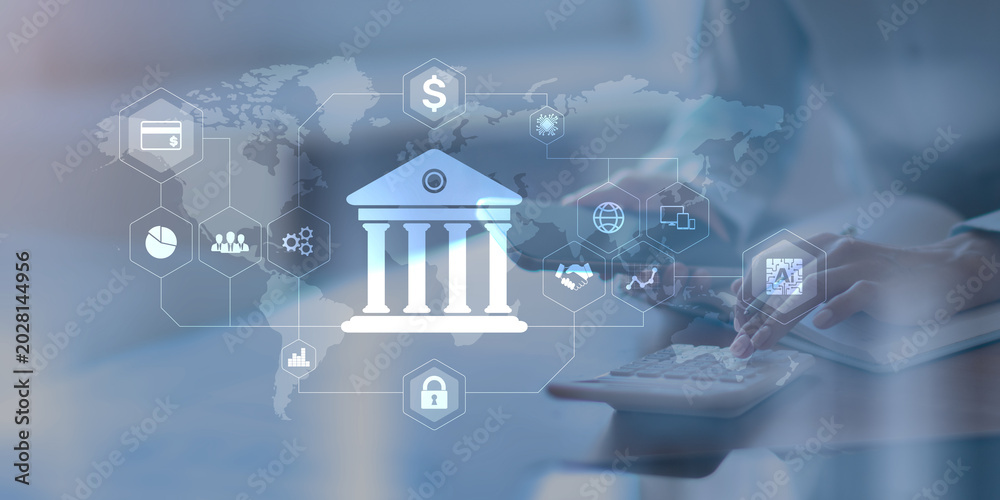 Fototapeta premium Digital Banking and Financial Services Platform with Global Network Visualization.