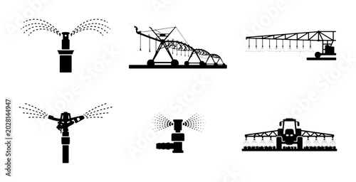 Foto Agricultural Irrigation Systems, Sprinklers, and Farm Equipment Vector Icons Set