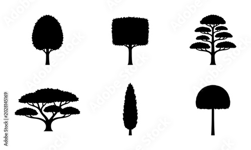 Tableau sur toile Six Silhouette Tree Icons, Vector Set: Diverse Botanical Shapes for Landscape De