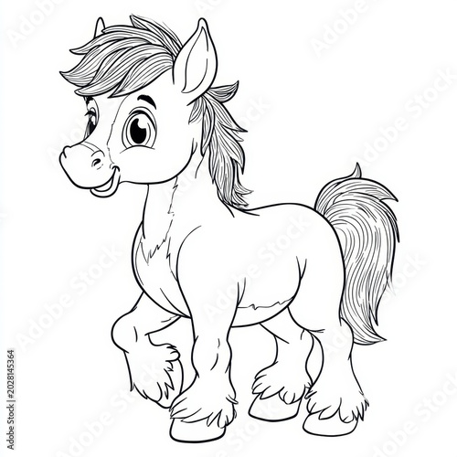 Cute cartoon baby horse pony outline coloring page for kids black and white  line art drawing illustration of a friendly smiling little horse standing isolated on white background