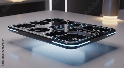 A smartphone with a futuristic design sits on a white table indoors.