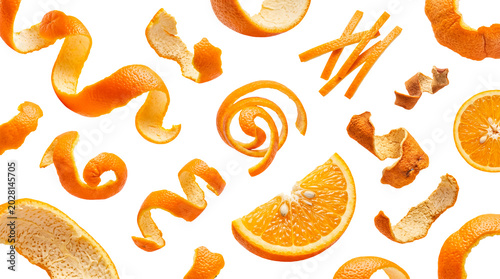 Bild auf Leinwand Vibrant orange peels and fresh citrus fruit slices dynamically scattered, isolated on a transparent background