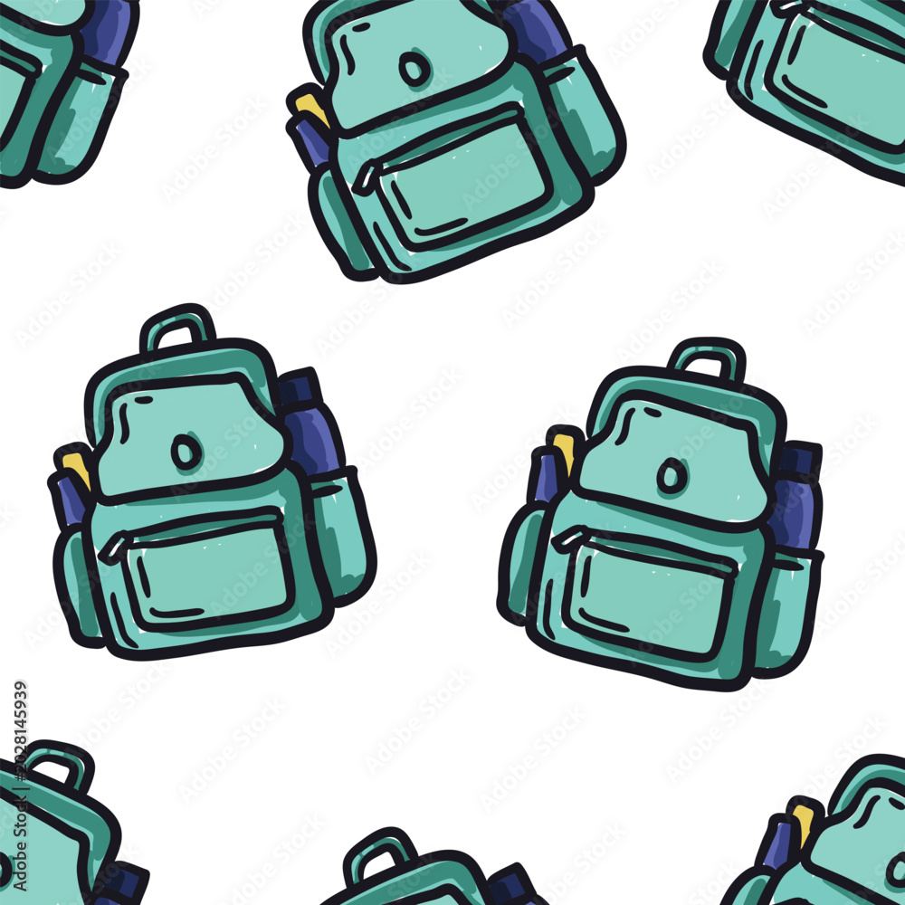 Naklejka premium Seamless light teal backpack pattern on white background. Clean travel repeat design perfect for fabric prints, stationery, packaging, and school branding.
