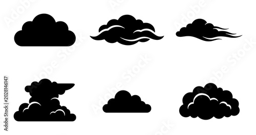 Canvastavla Black Cloud Icons Set, Weather Symbols, Cumulus & Nimbus Shapes, Vector Graphics