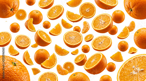Photos Abundant, fresh oranges and numerous juicy slices, creating a vibrant pattern, isolated on a transparent background