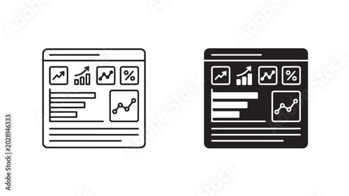 Black and white line icons of mobile phone screens with graphs and charts for business and finance concepts