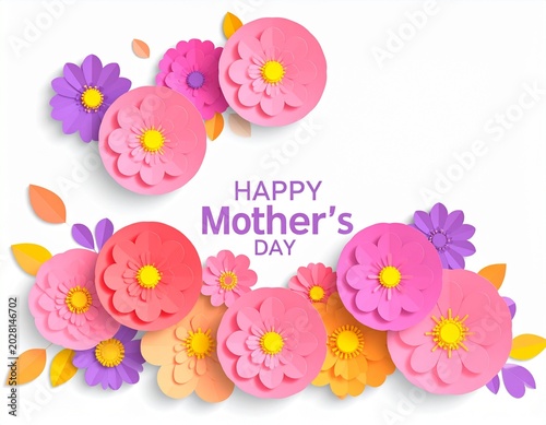Elegant Mother’s Day greeting card featuring colorful paper flowers and pink background, ideal for holiday promotional designs.