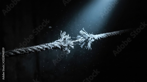 A heavily worn rope nearly snapped with frayed ends under spotlight