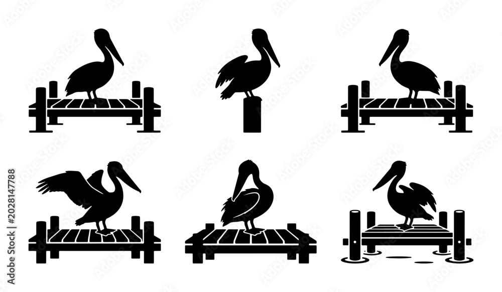 Fototapeta premium Pelican Silhouettes on Docks