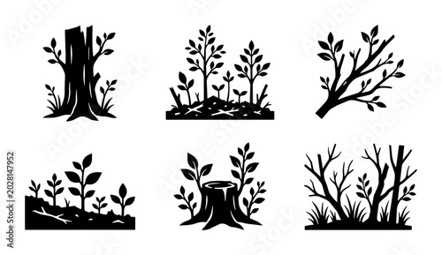 Photos Forestry Icons Set: Tree Stumps, Seedlings, Branches, Nature Growth Vector Graph
