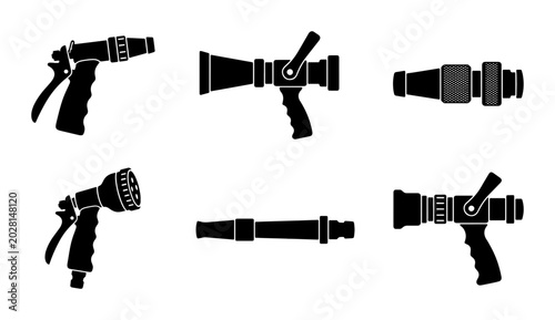 Fotografija Fire Hose Nozzle Set, Water Spray Gun Icons, Firefighting Equipment Vector Graph