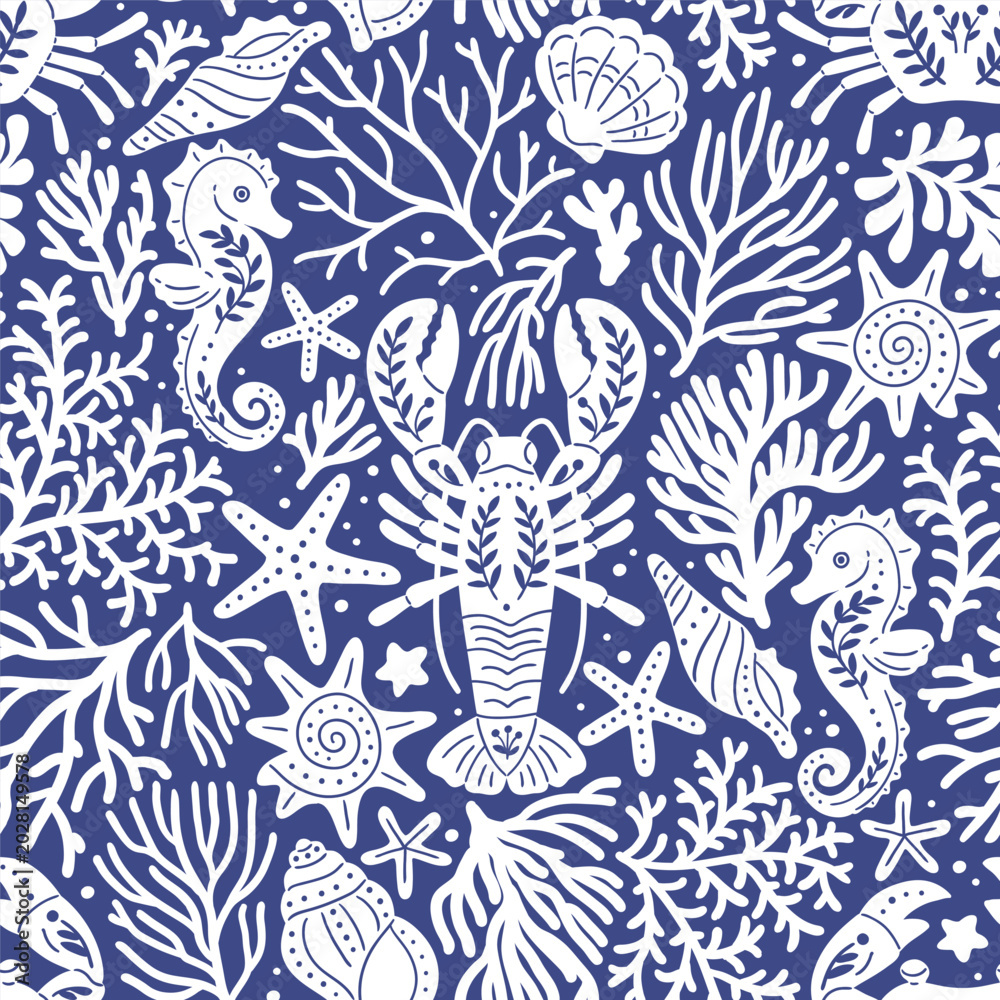 Obraz premium Seamless vector pattern with seashell, sea star and coral reef. Hand drawn underwater sea life illustration. Perfect for textile, wallpaper or print design.