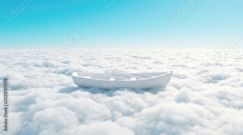 A serene white boat floats gently on top of fluffy white clouds under a clear blue sky with no signs of withered trees or plastic waste nearby