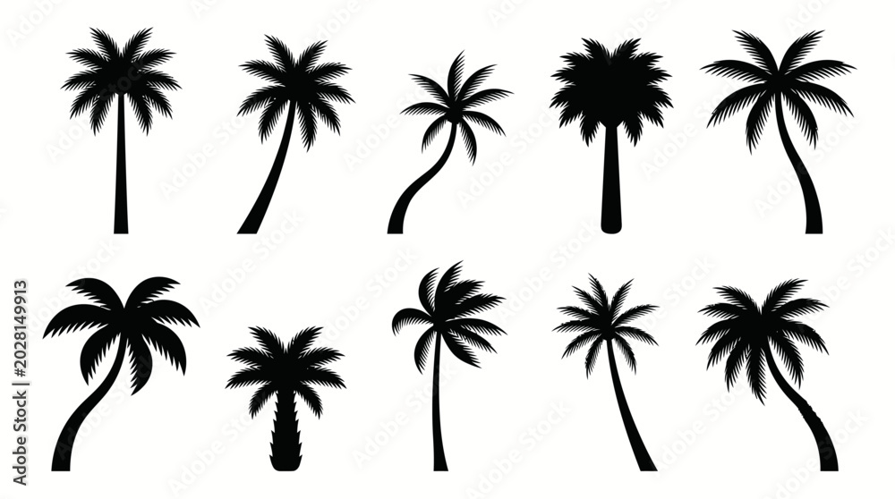 Fototapeta premium Stylized palm tree silhouette vector illustrations featuring diverse trunk shapes and frond arrangements symbolizing tropical nature and coastal design on white background