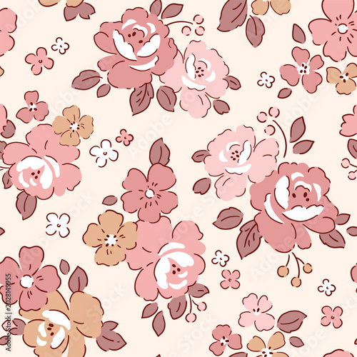 Hand drawn liberty roses. Seamless vector pattern. Tiny loose floral design on isolated background. Perfect for textile, wallpaper or nursery print design.