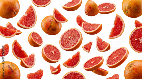 Foto Bright red grapefruits, whole, half, and sliced, showcasing juicy pulp and vibrant color on a transparent background