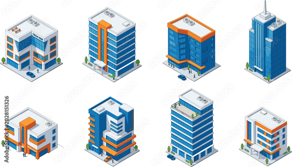 Fototapeta premium Modern Isometric Building Vector Set Featuring Contemporary Office Skyscrapers Commercial Real Estate Architecture and Corporate Headquarter Icons