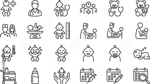 Quadro em tela pediatric healthcare and baby medical care vector line icon set featuring doctor