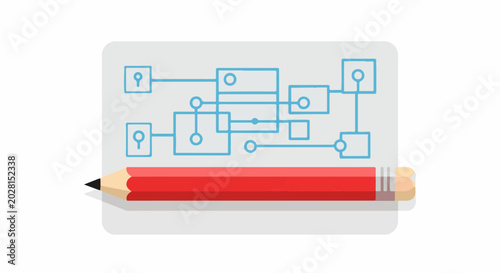 A red pencil draws a blue flowchart on a gray background