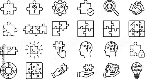 Photos puzzle and problem solving vector line icon set featuring business strategy inte