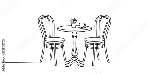 Εκτύπωση καμβά Continuous line drawing of a bistro table with two chairs and coffee cup