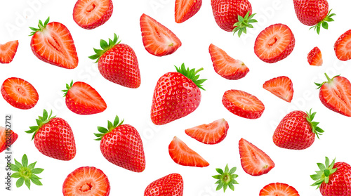 Konstfotografi Delicious ripe whole and half-cut strawberries scattered, highlighting freshness on a transparent background