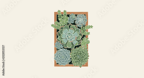 A rectangular wooden frame displays a collection of stylized succulents in various green and blue hues